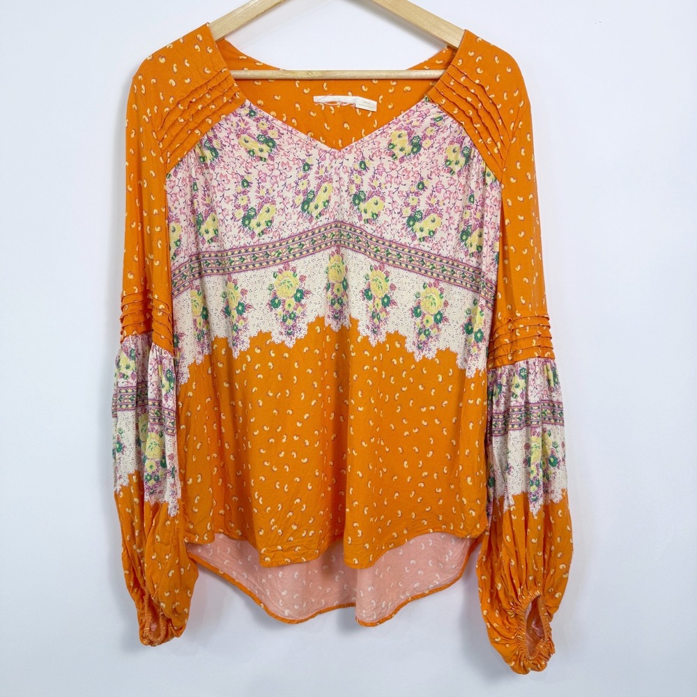 Maeve Anthropologie Ceresco Floral Paisley Peasant Blouse Medium Orange Flowy‎